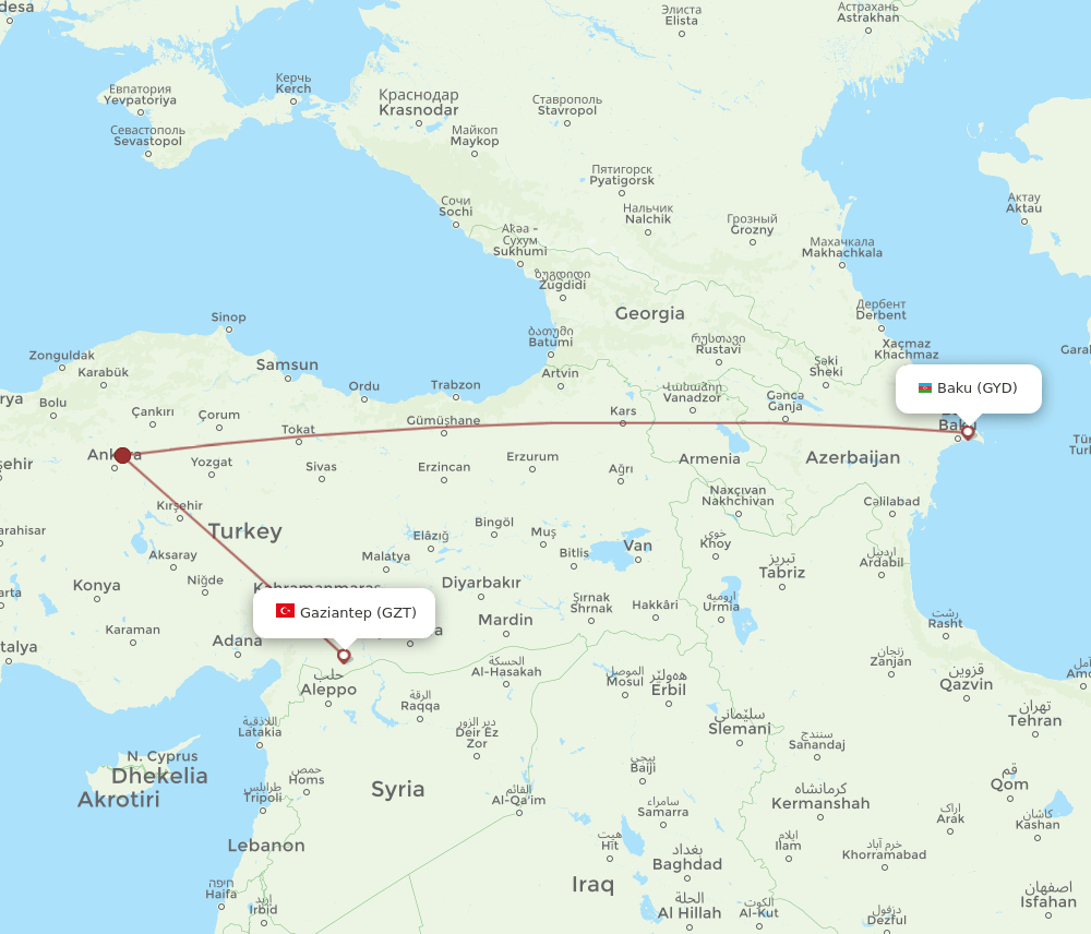 Baku - Gaziantep route map and flight paths