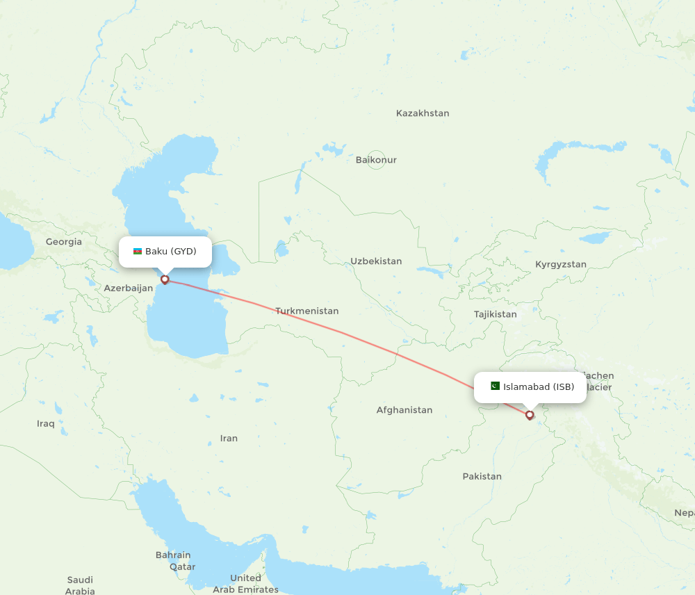 Islamabad - Baku route map and flight paths