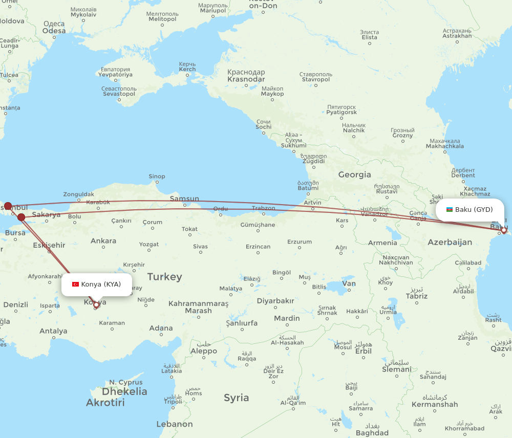 GYD to KYA flights and routes map