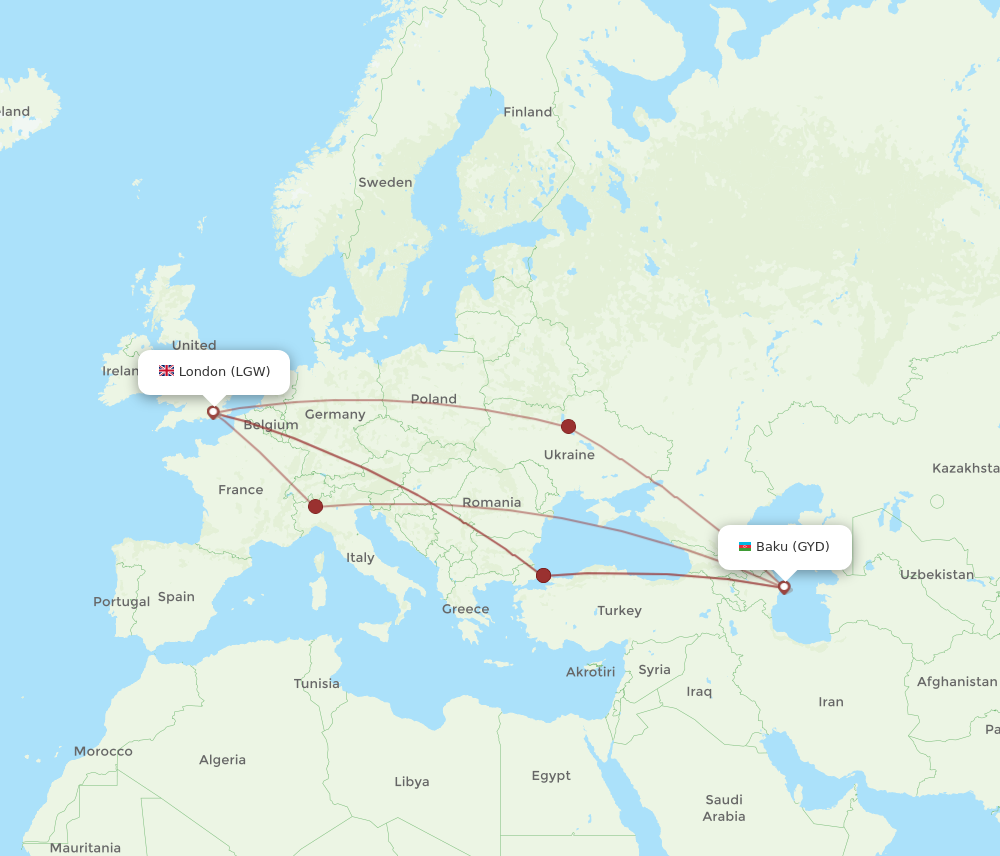 GYD to LGW flights and routes map