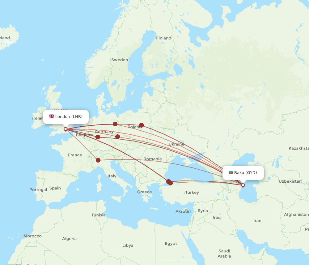 GYD to LHR flights and routes map