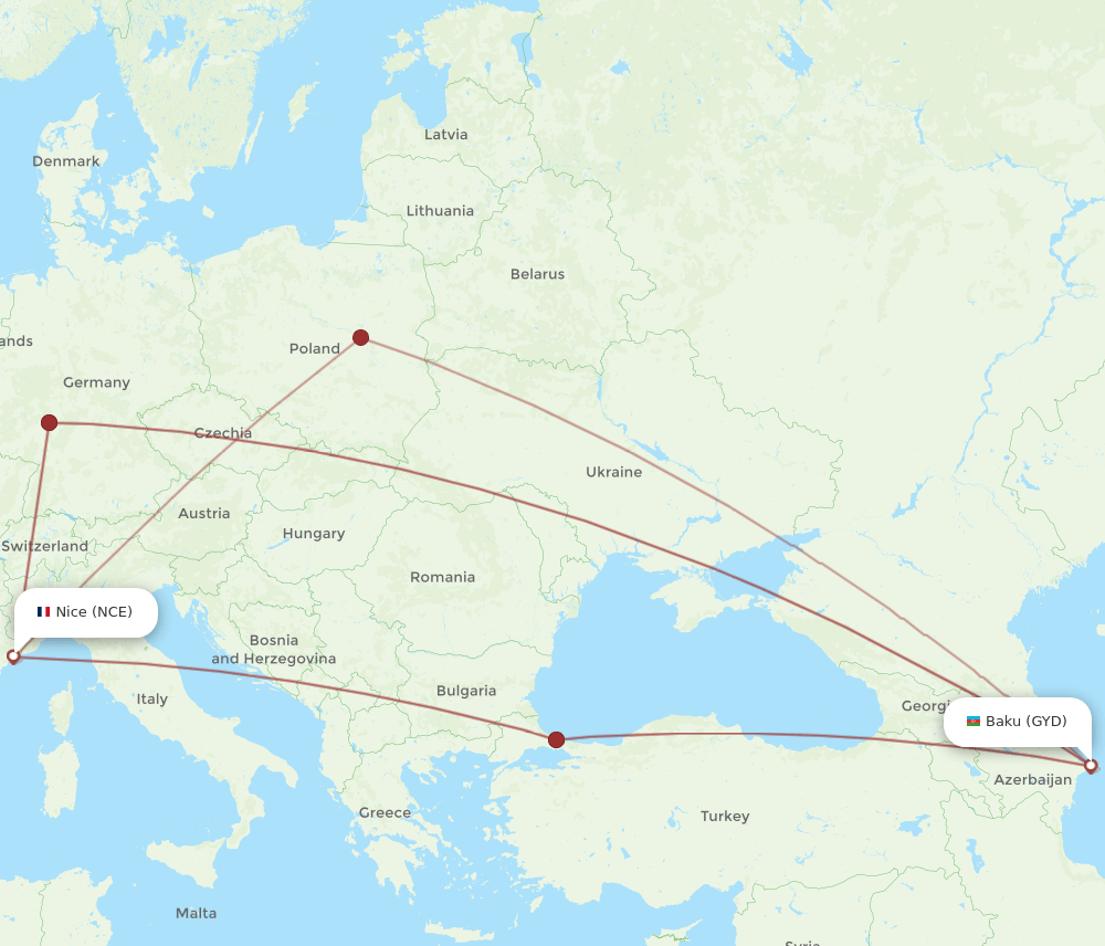 GYD to NCE flights and routes map