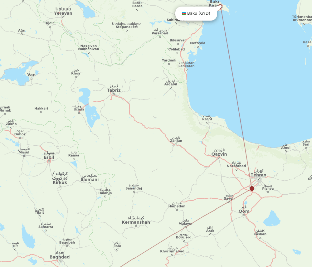 Al-Najaf - Baku route map and flight paths