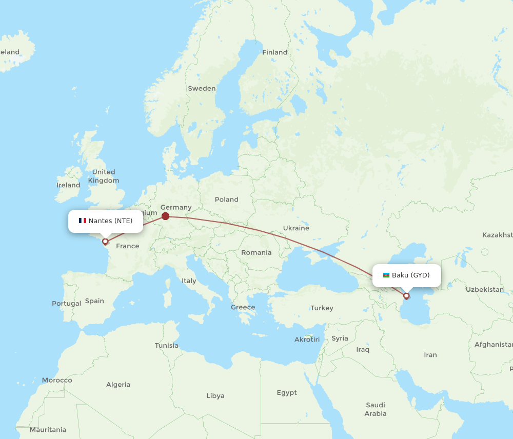 GYD to NTE flights and routes map