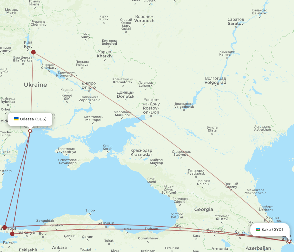 Baku - Odessa route map and flight paths