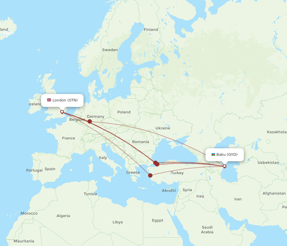GYD-STN flight routes