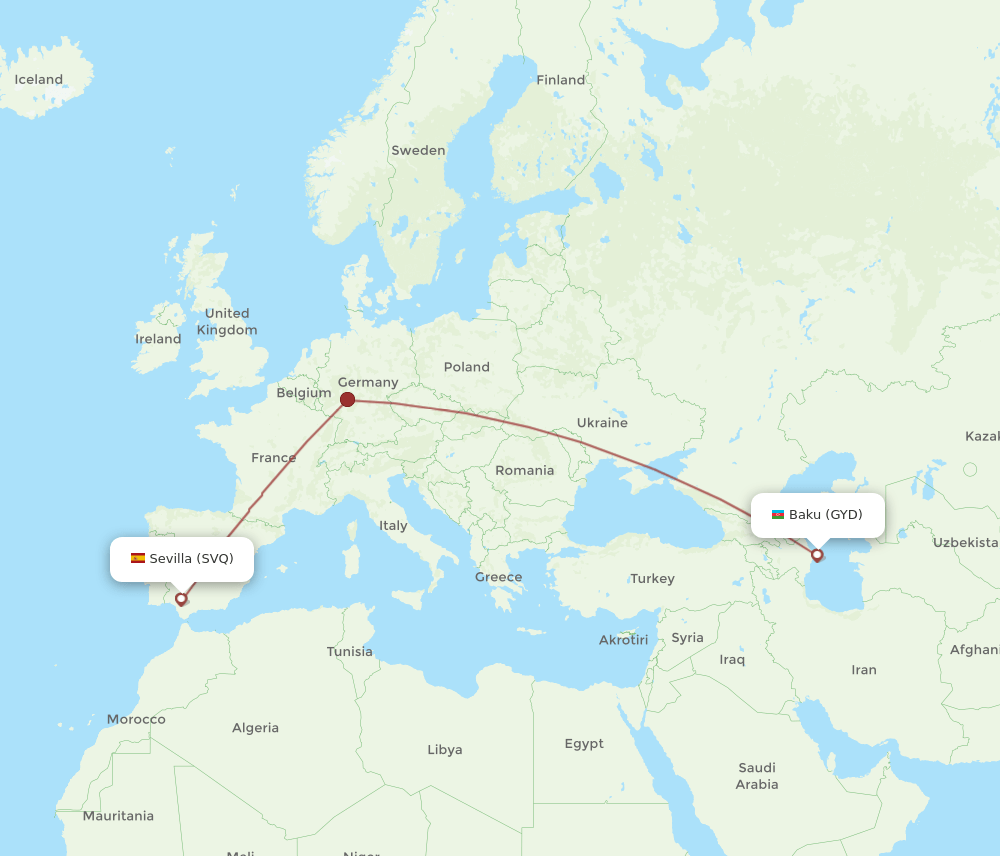 Sevilla - Baku route map and flight paths