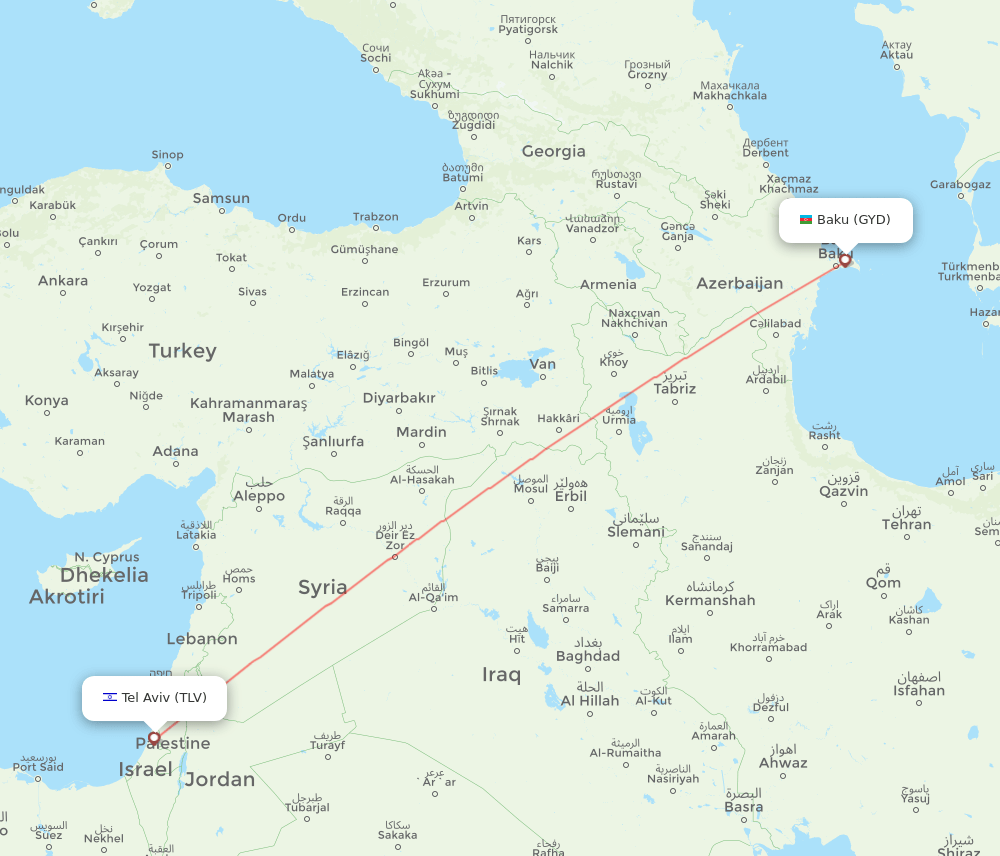 GYD to TLV flights and routes map