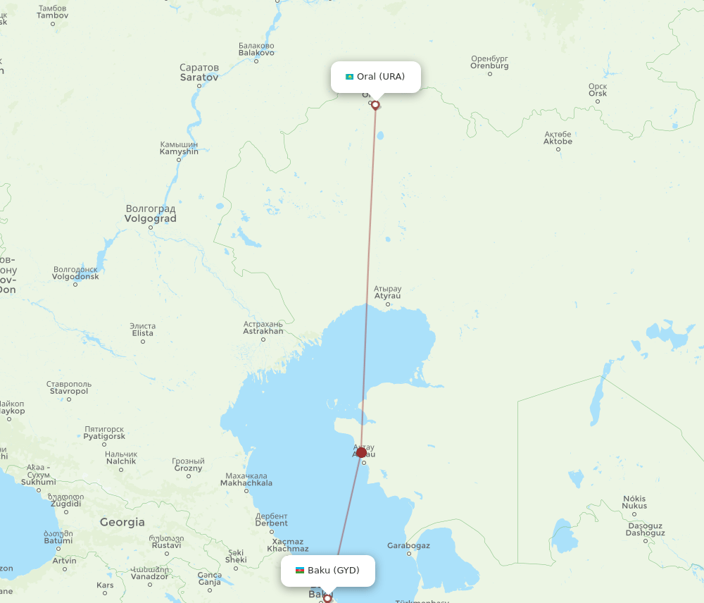 Baku - Uralsk route map and flight paths