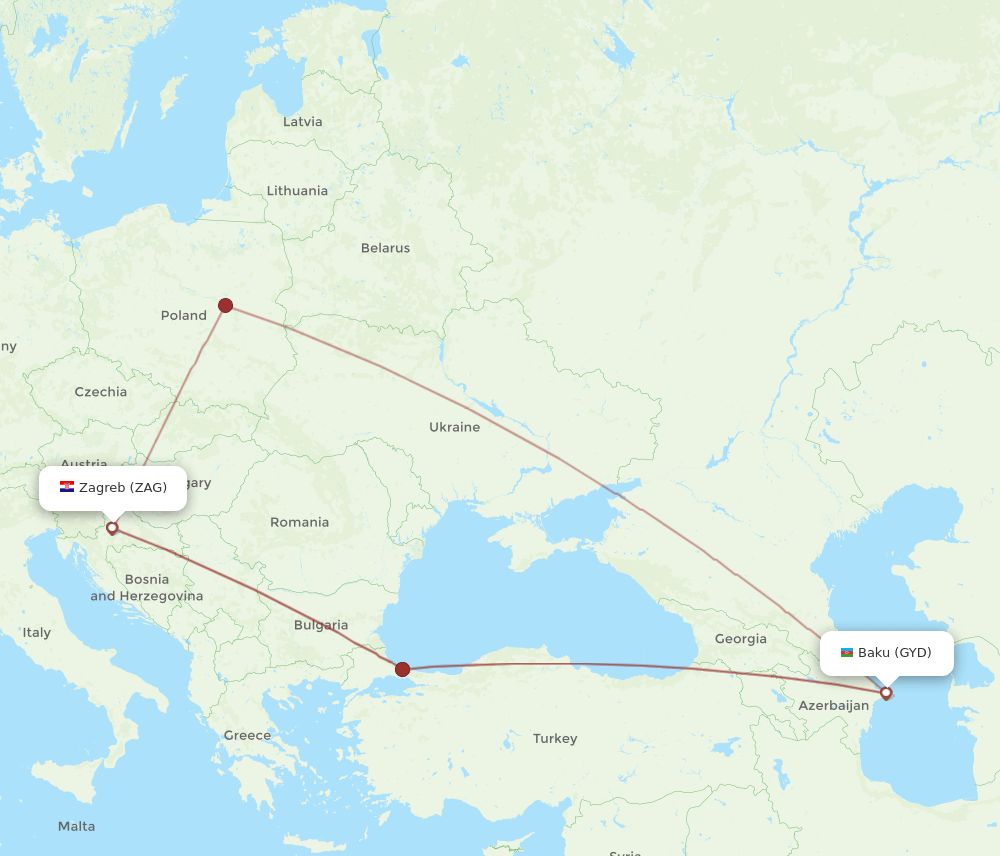 GYD to ZAG flights and routes map
