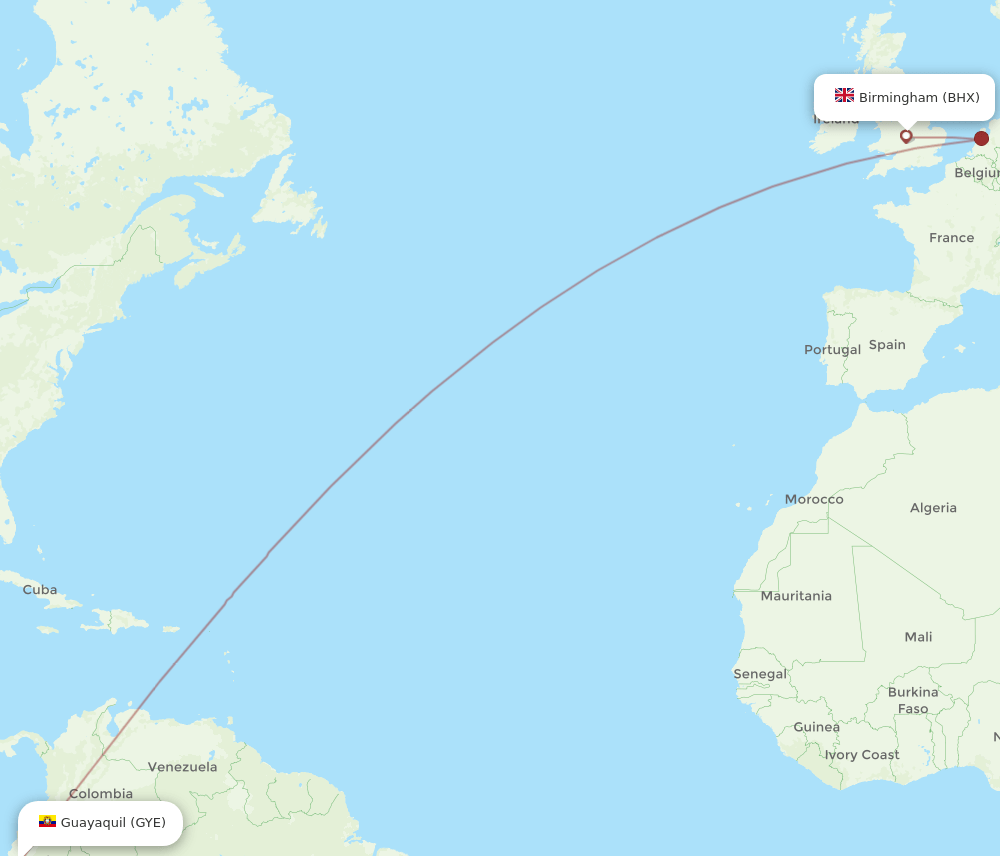 Birmingham - Guayaquil route map and flight paths