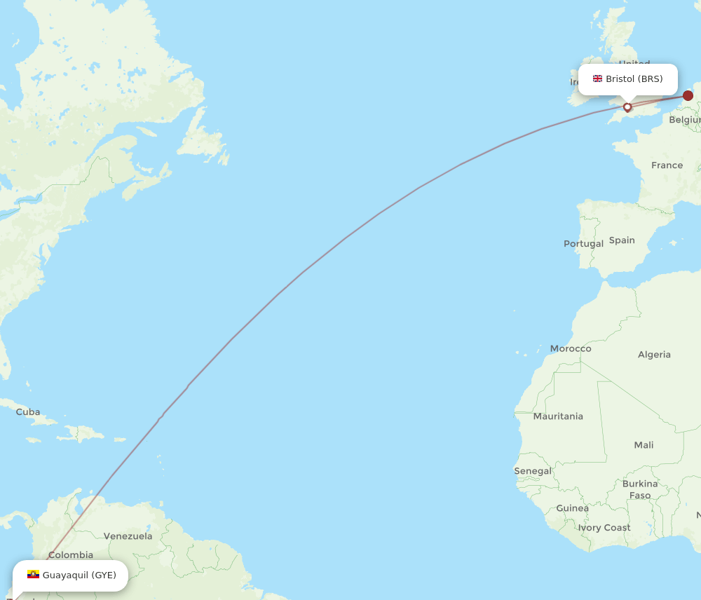 Bristol - Guayaquil route map and flight paths