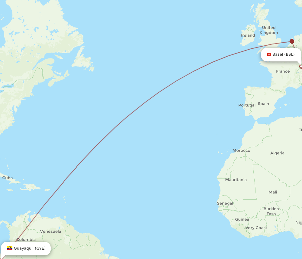 Basel, Switzerland/Mulhouse - Guayaquil route map and flight paths