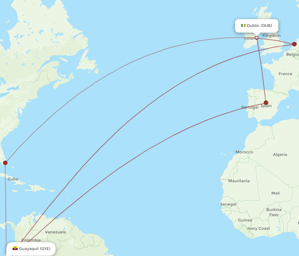 GYE to DUB flights and routes map