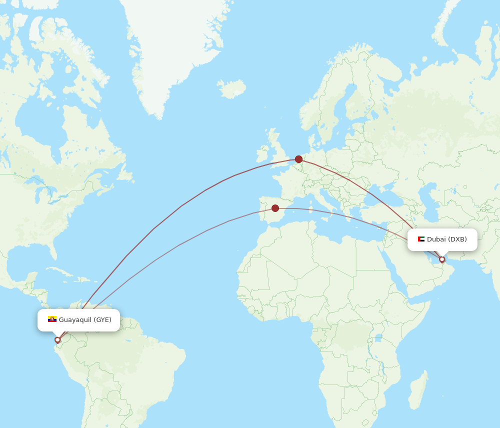 Dubai - Guayaquil route map and flight paths