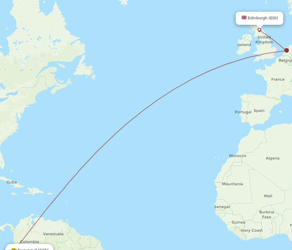 Edinburgh - Guayaquil route map and flight paths