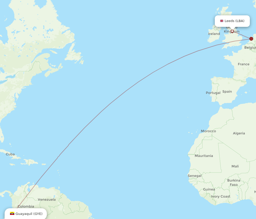 Leeds - Guayaquil route map and flight paths