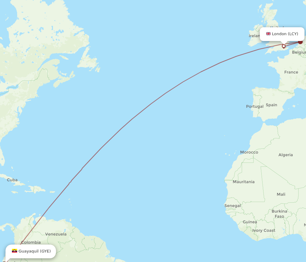 GYE to LCY flights and routes map