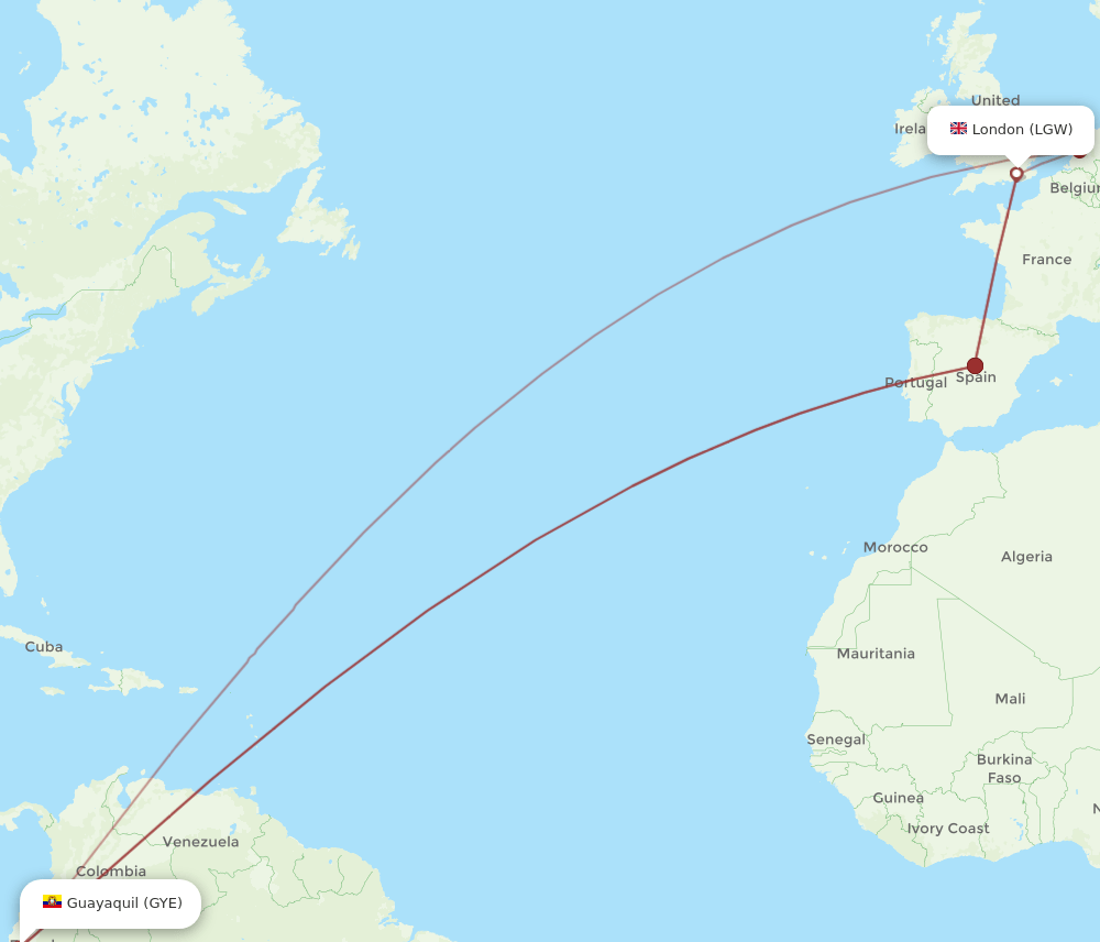 GYE to LGW flights and routes map