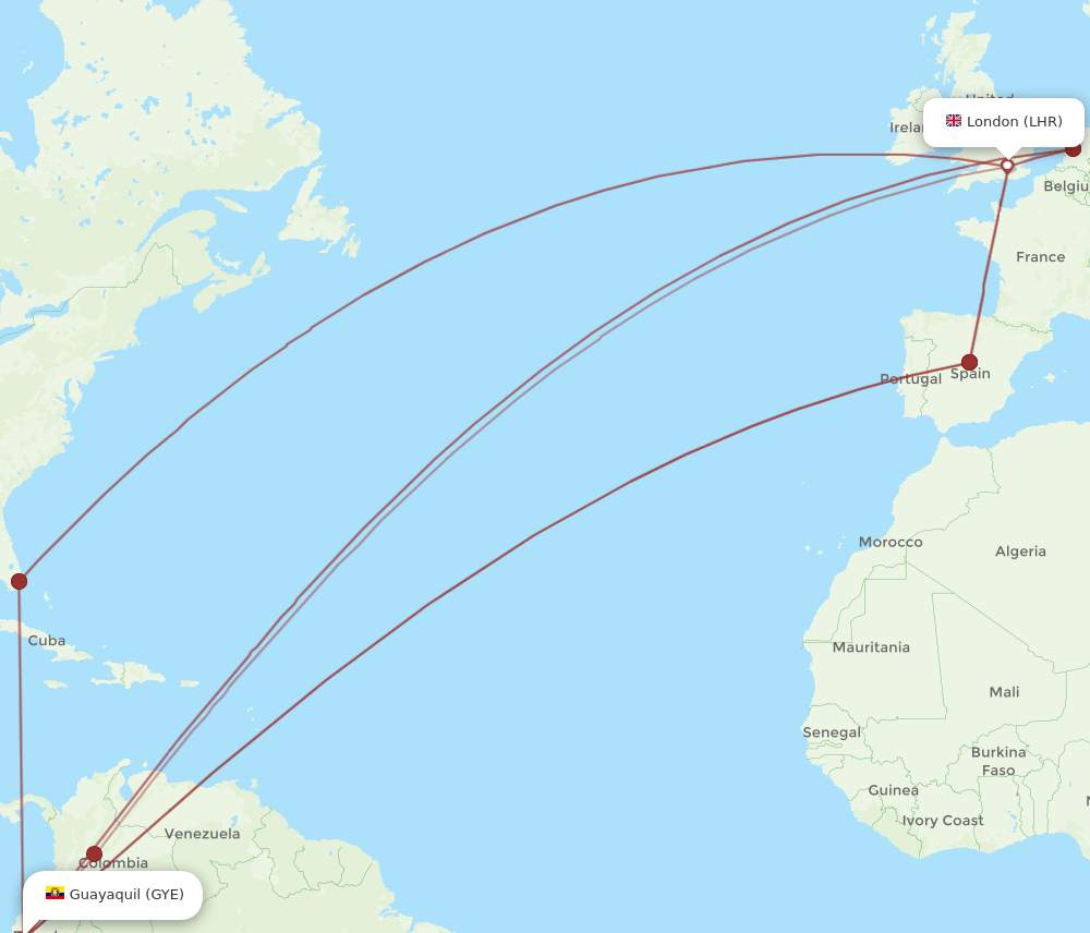 GYE to LHR flights and routes map
