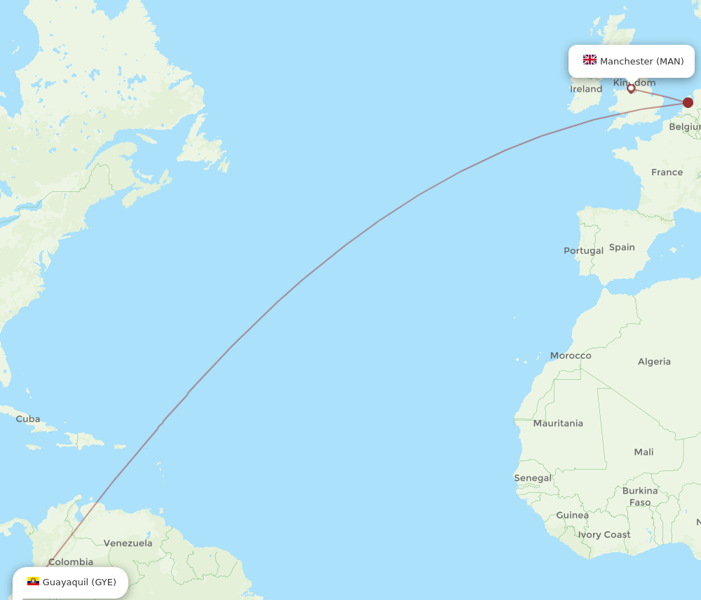 Manchester - Guayaquil route map and flight paths