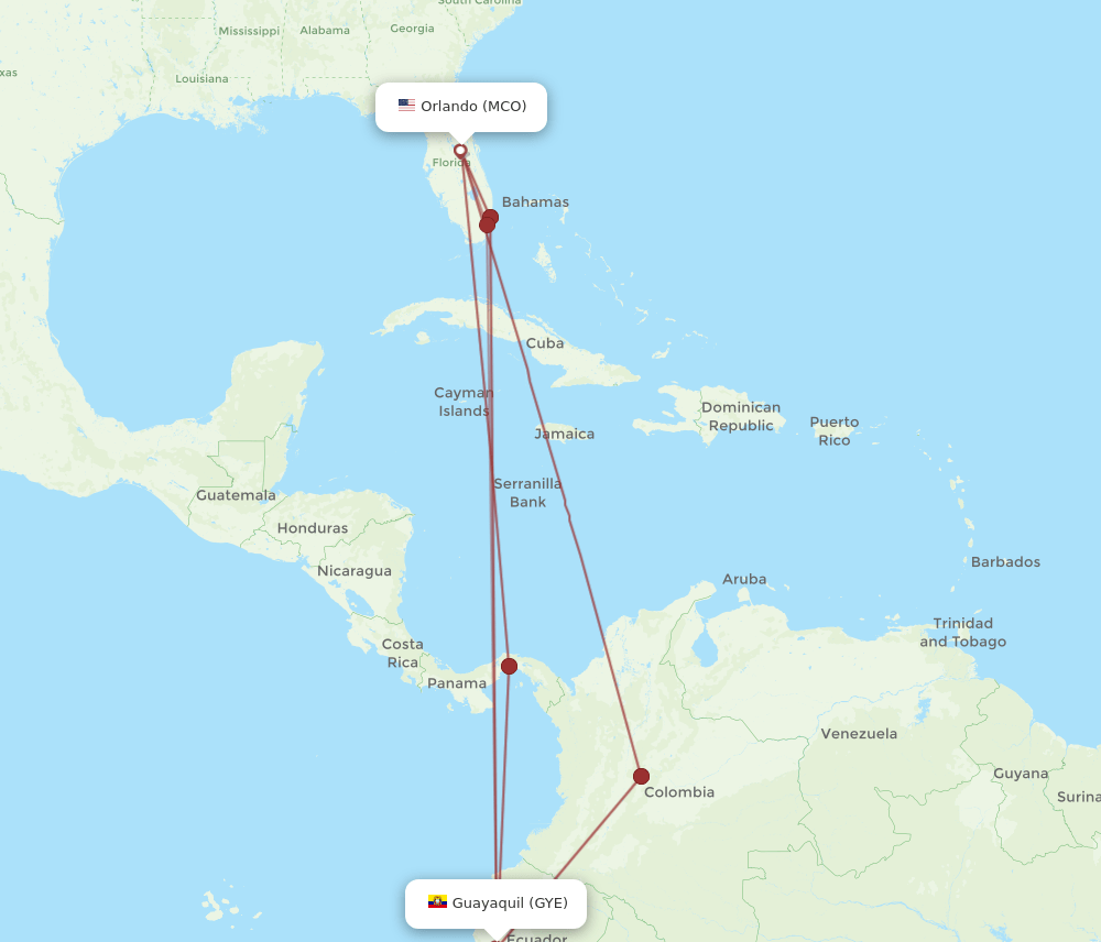 GYE to MCO flights and routes map