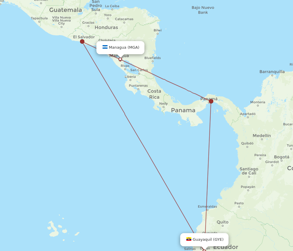 GYE to MGA flights and routes map