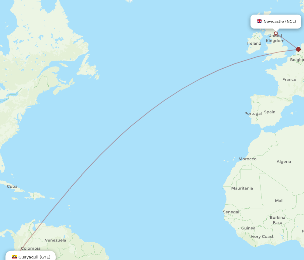 Newcastle - Guayaquil route map and flight paths