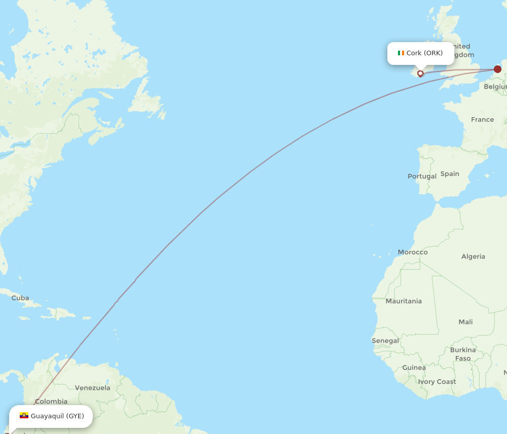 Cork - Guayaquil route map and flight paths