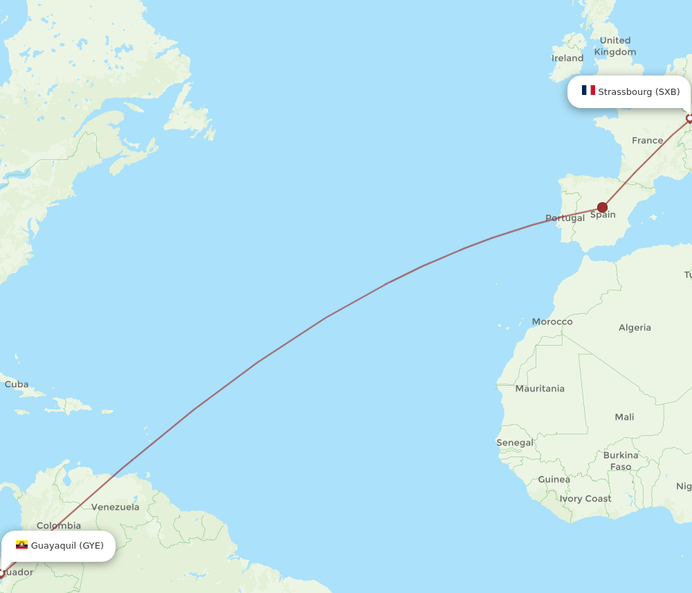 SXB to GYE flights and routes map