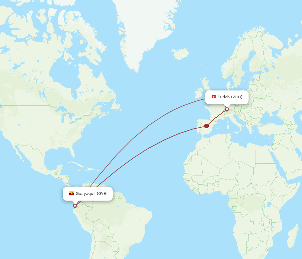 Zurich - Guayaquil route map and flight paths