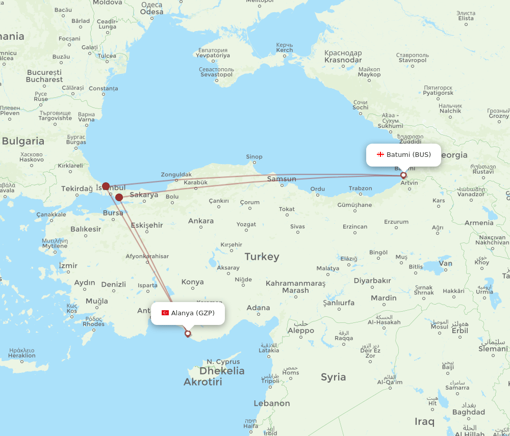 GZP to BUS flights and routes map