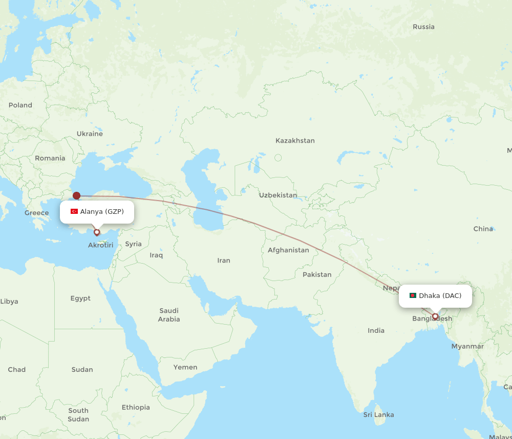 GZP to DAC flights and routes map