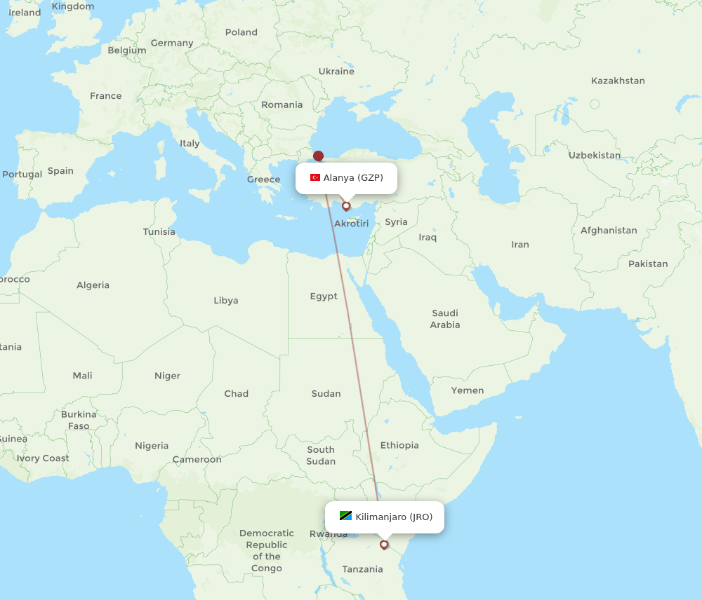 Kilimanjaro - Gazipasa route map and flight paths