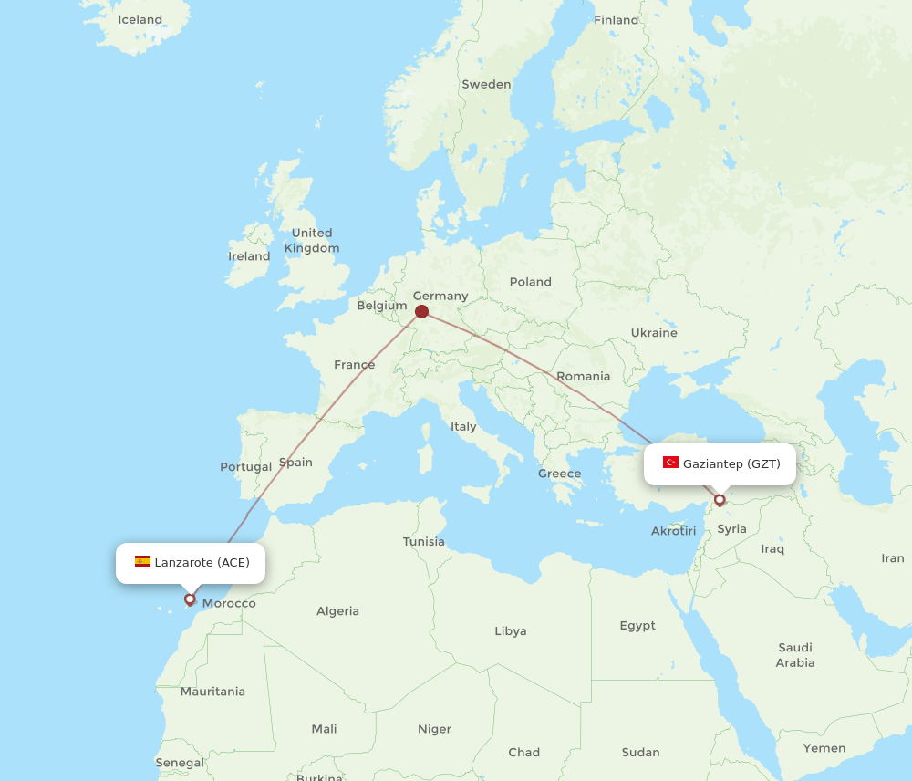 Gaziantep - Lanzarote route map and flight paths