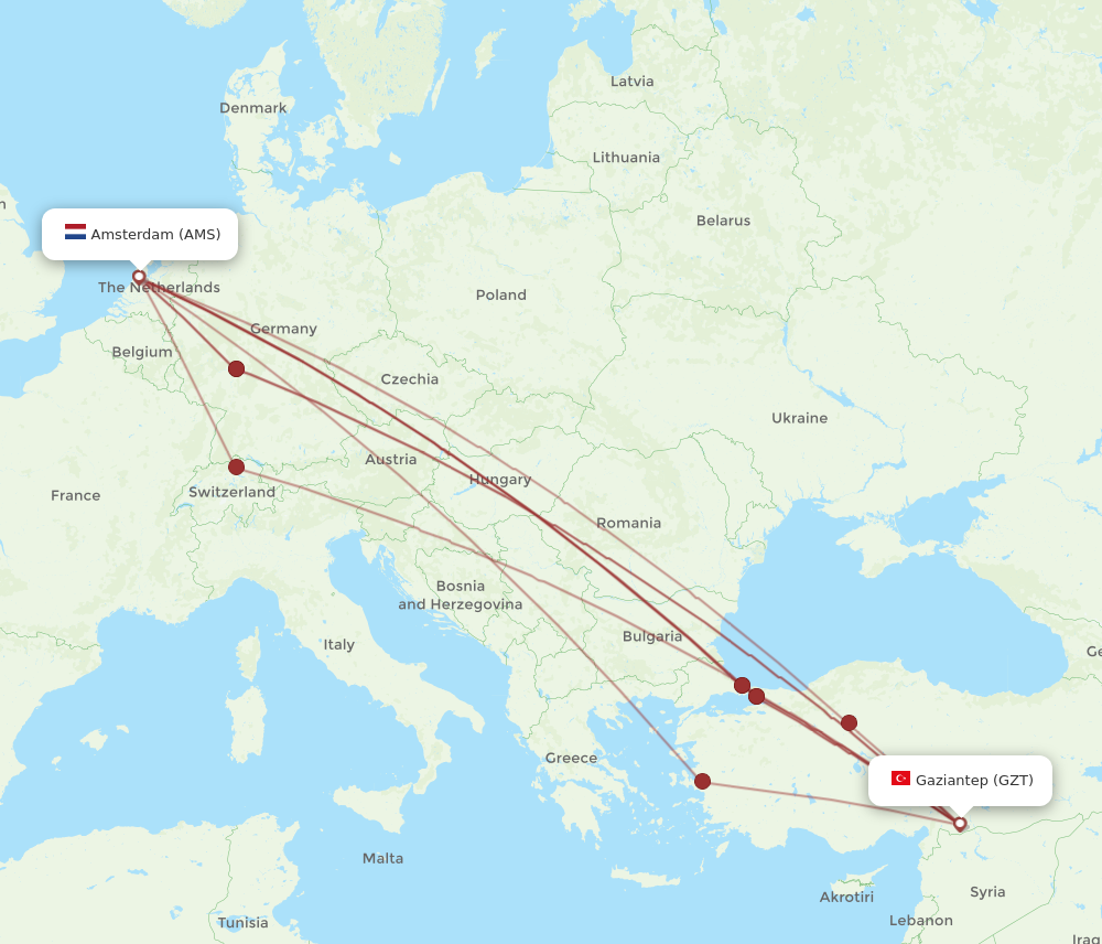 GZT to AMS flights and routes map