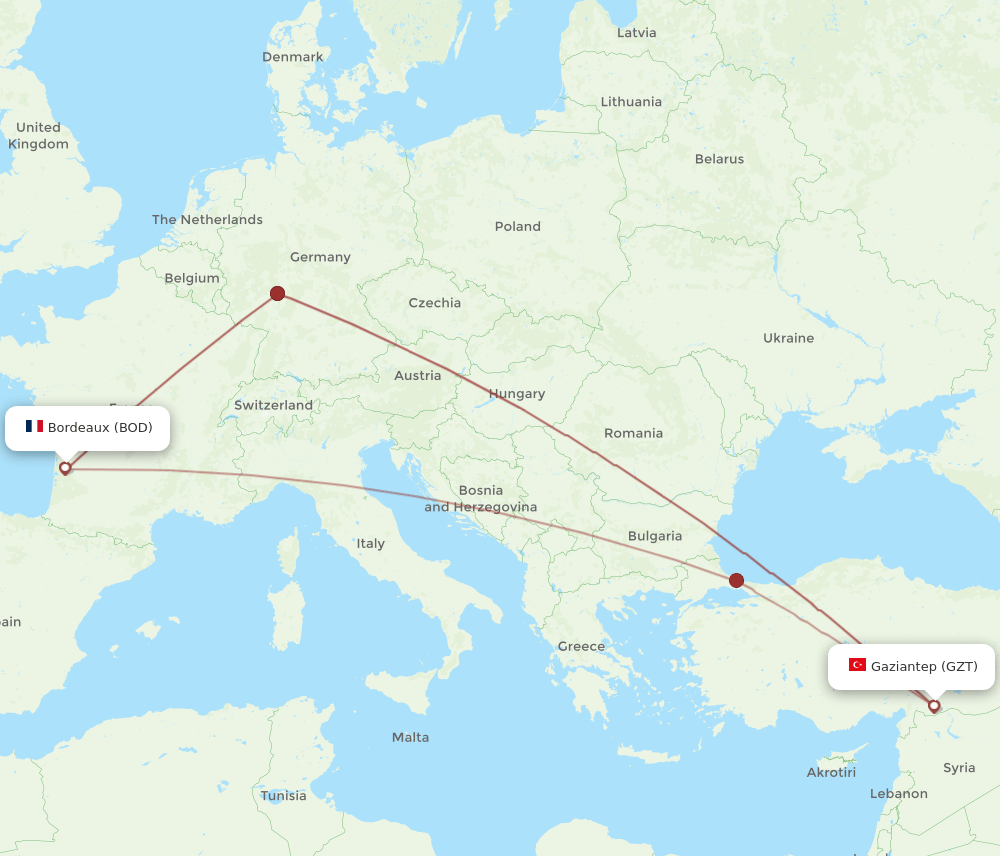 GZT to BOD flights and routes map