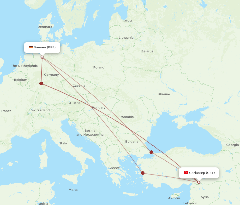 GZT to BRE flights and routes map