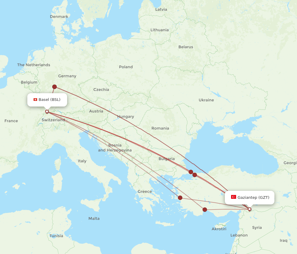 GZT to BSL flights and routes map