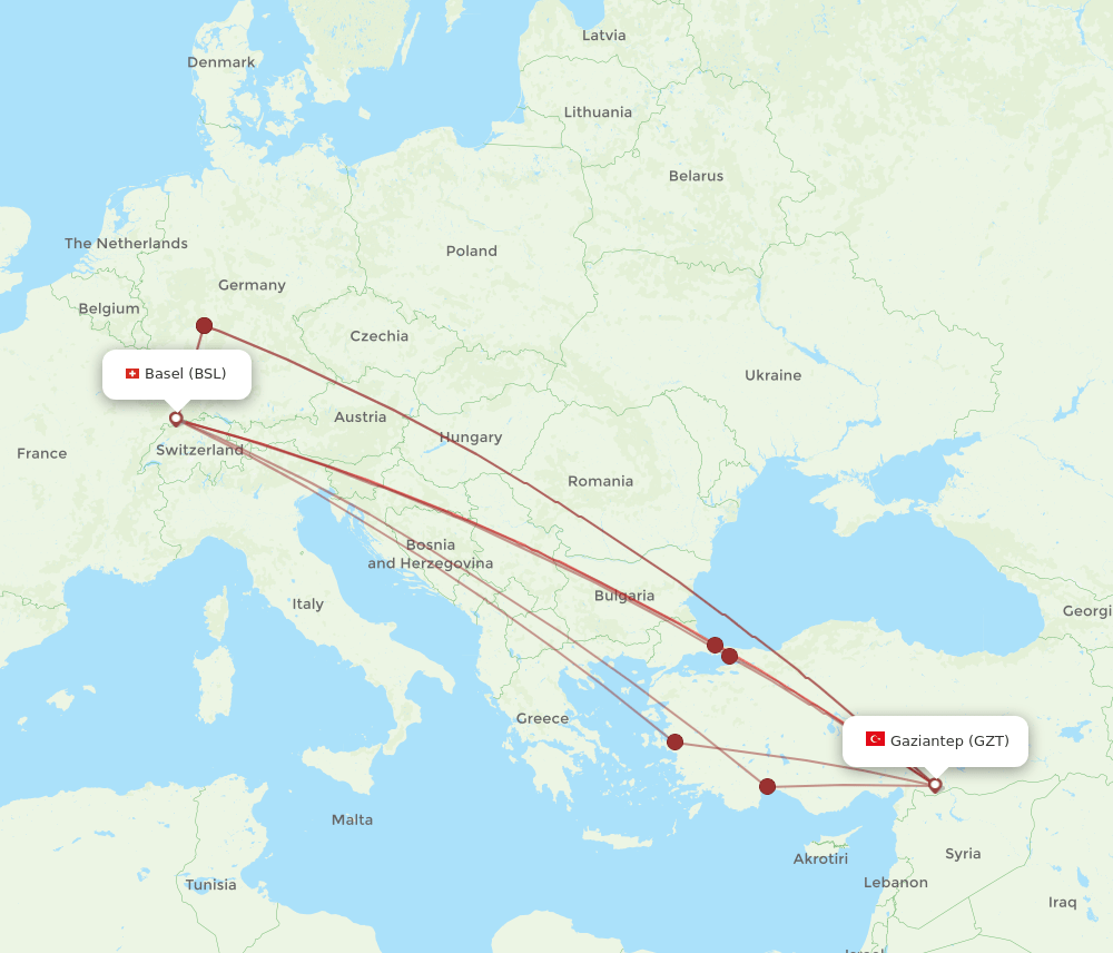 GZT to BSL flights and routes map