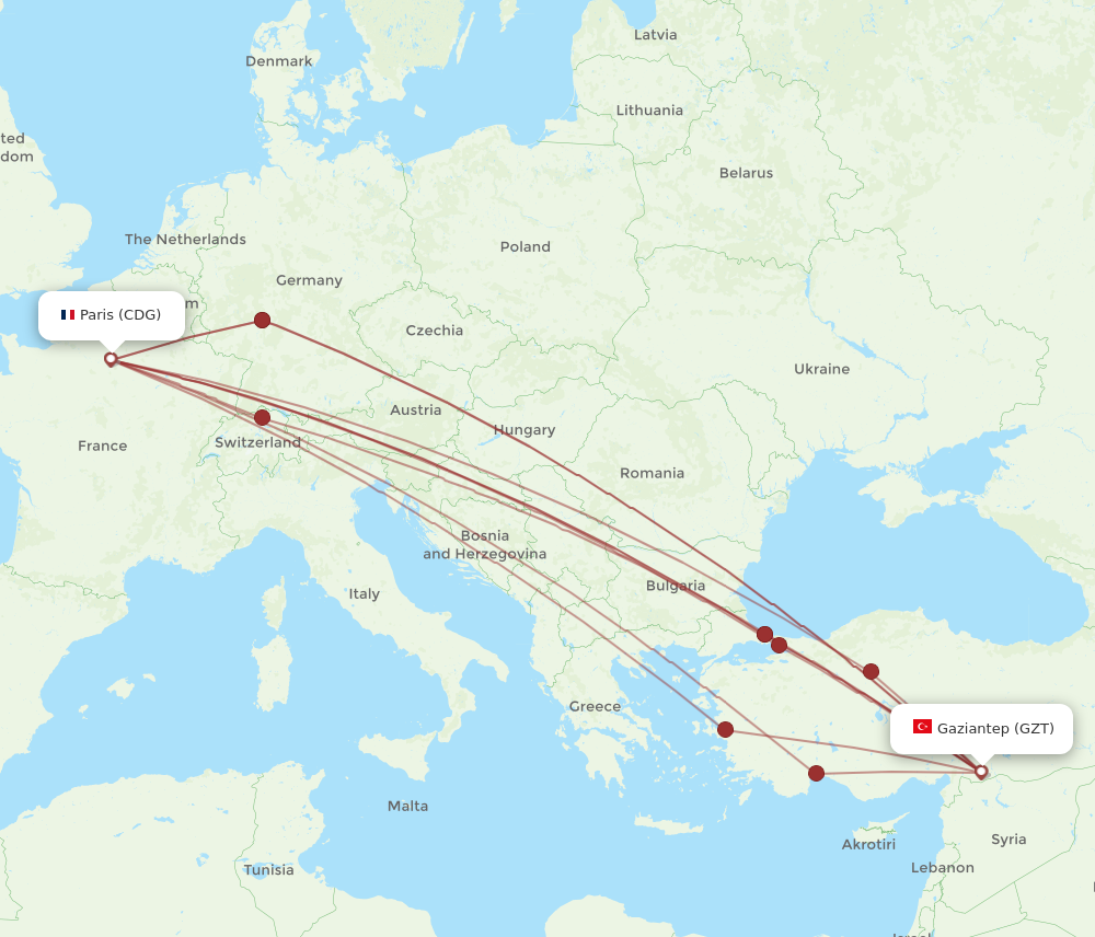 GZT to CDG flights and routes map