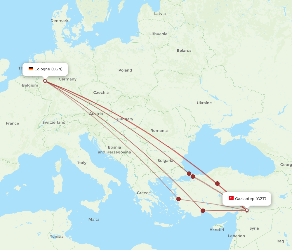 GZT to CGN flights and routes map