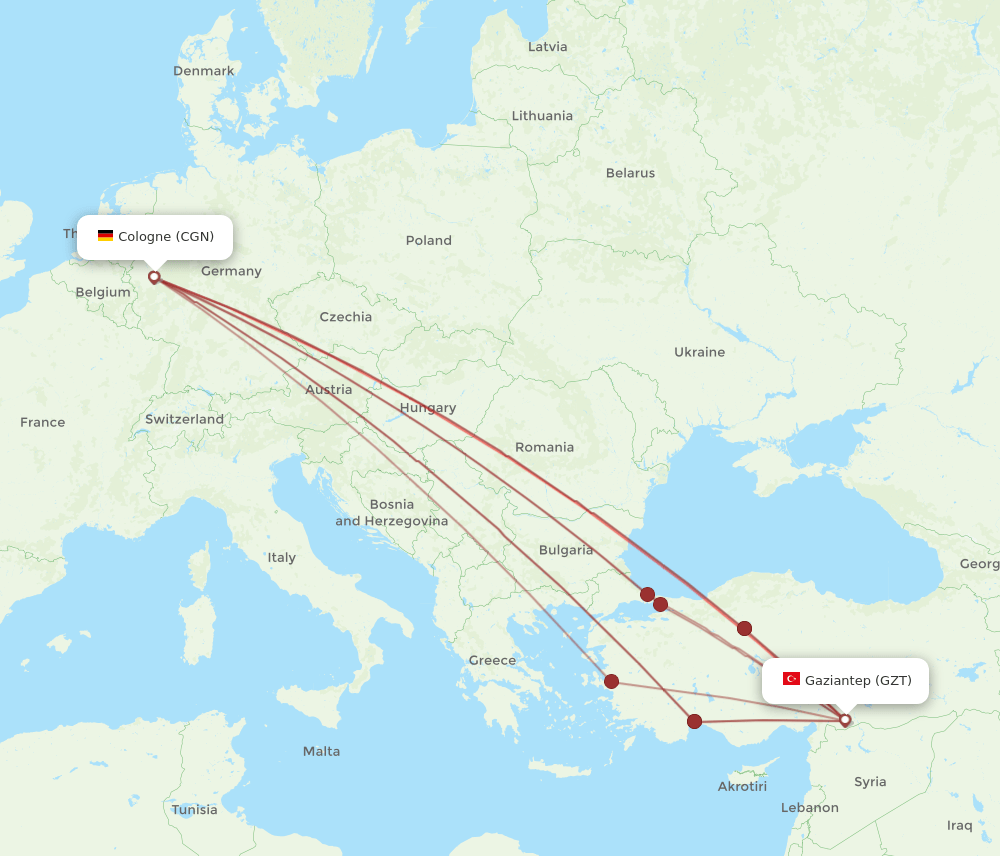 GZT to CGN flights and routes map