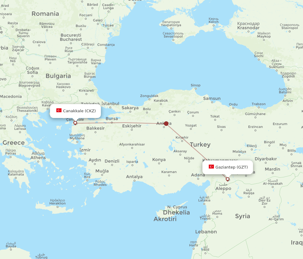 Canakkale - Gaziantep route map and flight paths