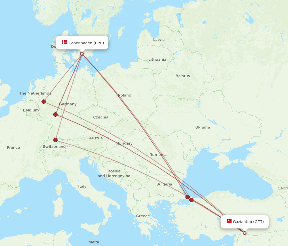 GZT to CPH flights and routes map