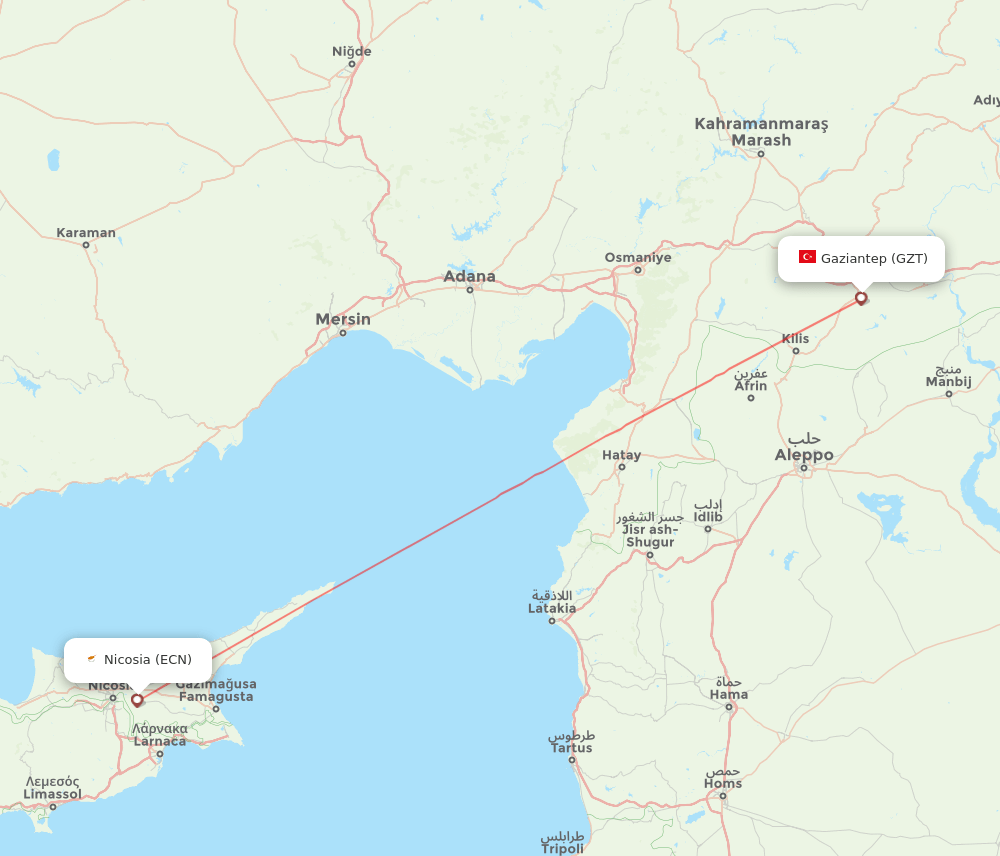 Gaziantep - Ercan route map and flight paths