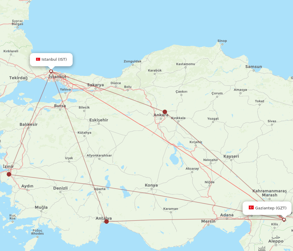 GZT to IST flights and routes map