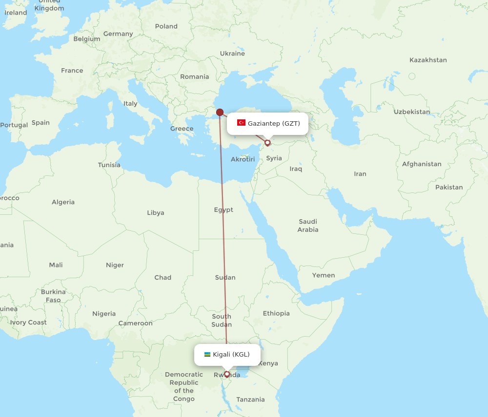 KGL to GZT flights and routes map