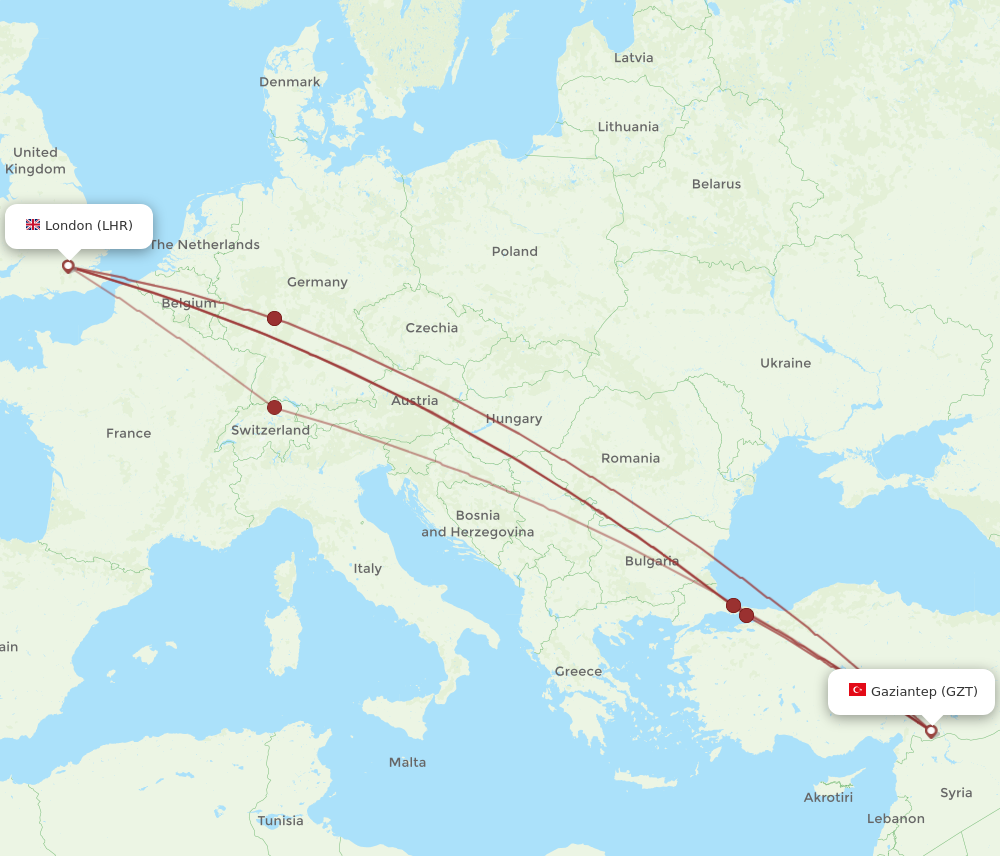 GZT to LHR flights and routes map