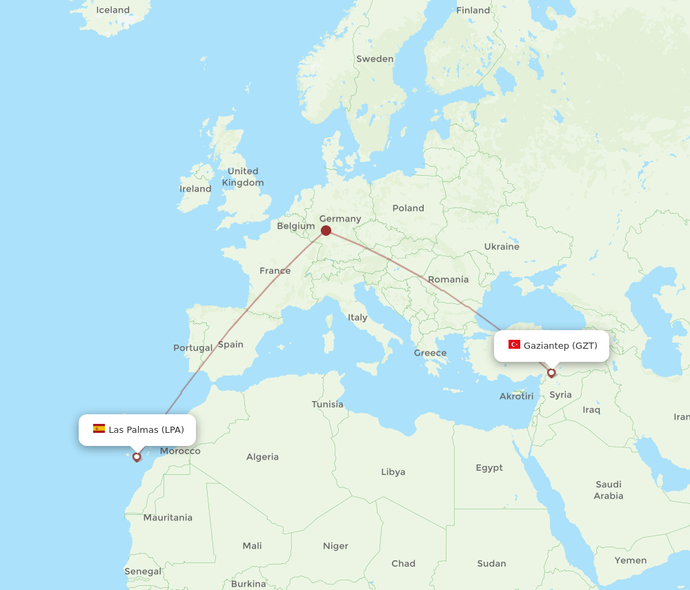 Las Palmas - Gaziantep route map and flight paths